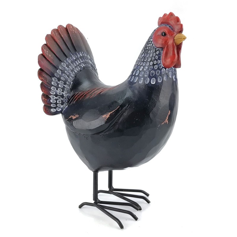 Figura Decorativa Gallo Negro Gallina Resina 23 cm