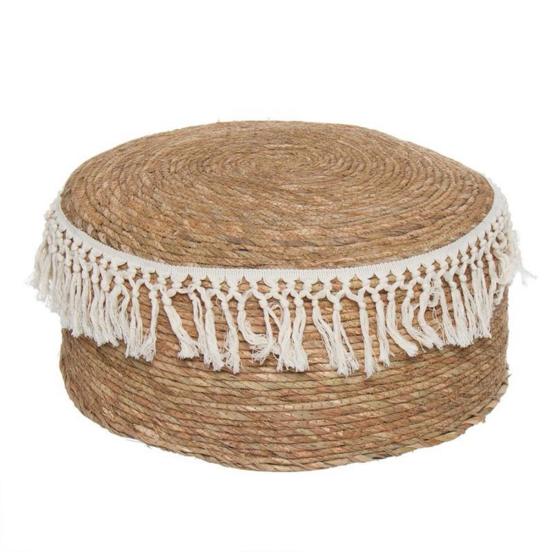 Puf Fibra Natural Asiento Decorativo Boho con Flecos Marrón 22 cm