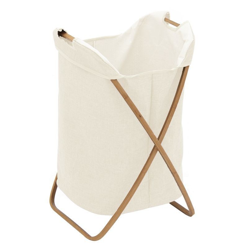 Cesto doble ropa sucia bambú natural tela blanca 580x400x600mm