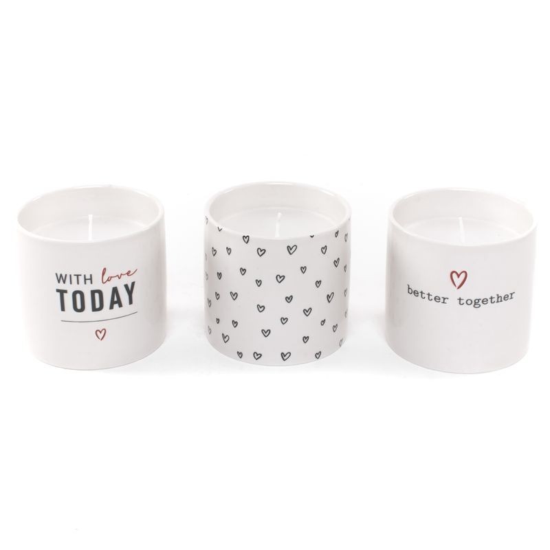 Set Vela Decorativa x3 Vaso Cerámica Blanco Corazones Amor 8 cm