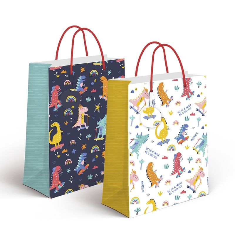 bolsa papel tamaño L diseño dinosaurios x2 modelos diferentes