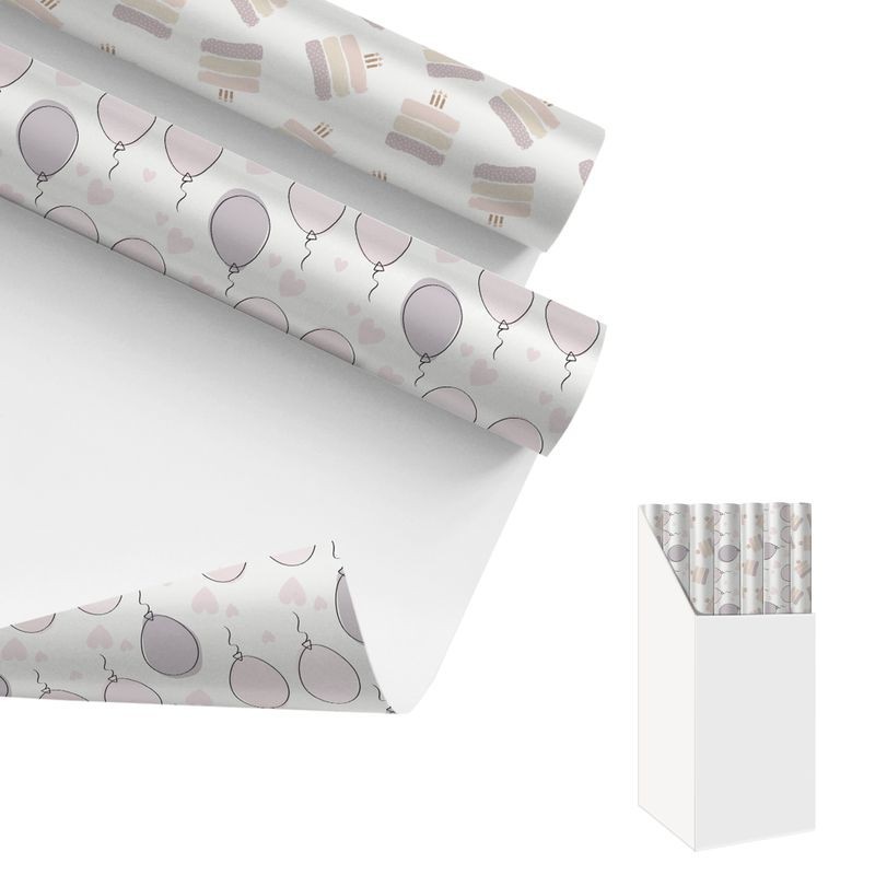 set papel regalo estampado tarta cumpleaños globos rosa morado ideal envolver regalos